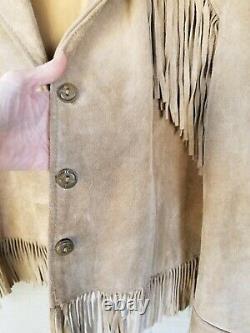 SCHOTT NYC Vintage Western Suede Leather Fringe Jacket Tan Size 18 Hippie 70s