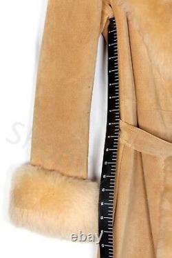 SUEDE Vintage Genuine Leather Tan Fur Size 14 Trim Full Length Wrap Coat Gift
