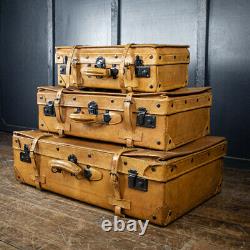 Set Of Three Vintage Tan Brown Leather Suitcases Luggage Travel Retro Rwi5851