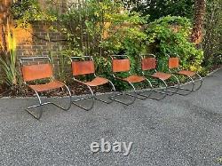 Set of 5 Chrome Cantilever Chairs, 1970s vintage tan leather back & seat