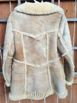 Sherpa Leather Jacket-Vtg-Mountian Woman-10-Tan-Buttons-Fur Lined-Winter Coat