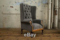 Slate Grey Velvet & Vintage Tan Leather High Back Chesterfield, Wing Chair