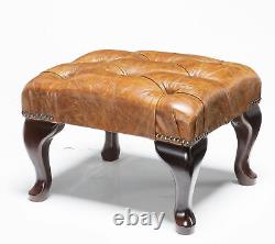 Small Chesterfield Footstool Table 100% Vintage Tan Leather