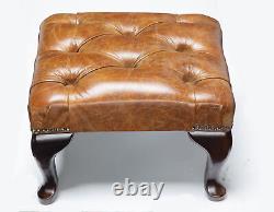 Small Chesterfield Footstool Table 100% Vintage Tan Leather