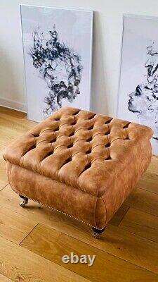 Storage footstool tan antique vintage faux leather occasional coffee table