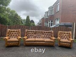 Stunning Chesterfield Tan Vintage High Back Leather Sofa And Matching Armchairs