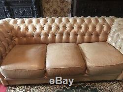 Stunning Designer Light Tan Leather 3 Seater Chesterfield Sofa