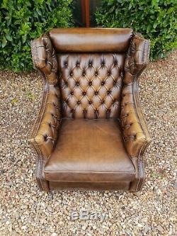 Stunning Vintage Retro Tan Leather Chesterfield Wingback Armchair 1970s