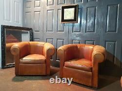 Superb Rear Vintage Antique Tan Leather Clubchairs Pair