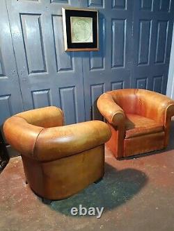 Superb Rear Vintage Antique Tan Leather Clubchairs Pair