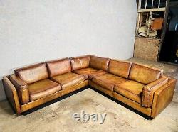 Superb Vintage Thams Kvalitet 1970 Danish Leather Corner Sofa Light Tan
