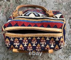 T. Cappelli Dhurrie Kilim Tan leather hand Bag VTG brass ring textile folk art