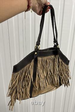 Tan Colour Suede And Leather vintage bag With Fringe. Hogan Made In Italy