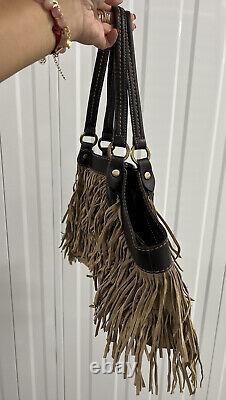 Tan Colour Suede And Leather vintage bag With Fringe. Hogan Made In Italy