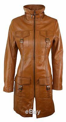 Tan Ladies Woman's Vintage Soft Washed Real Leather Jacket Trench Coat