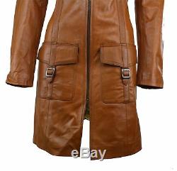 Tan Ladies Woman's Vintage Soft Washed Real Leather Jacket Trench Coat