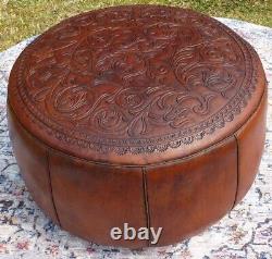 Tan Leather Boho Chic Embossed Pouffefootstoolottoman Vintage Quality
