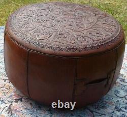 Tan Leather Boho Chic Embossed Pouffefootstoolottoman Vintage Quality