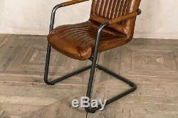 Tan Leather Upholstered Dining Chair Armrests Vintage Finish Retro Style