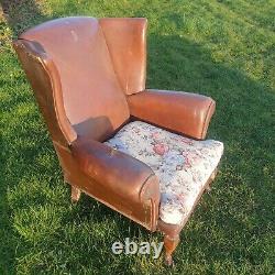 Tan Vintage Leather Wing Back Arm Chair Restoration Antique Chesterfield