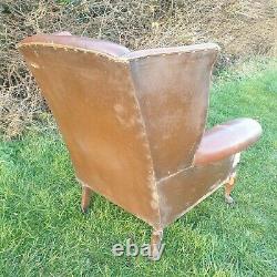 Tan Vintage Leather Wing Back Arm Chair Restoration Project