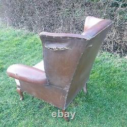 Tan Vintage Leather Wing Back Arm Chair Restoration Project