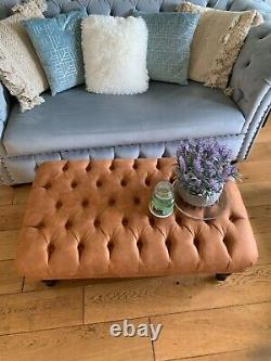 Tan rectangular buttoned footstool vintage faux leather coffee occasional table