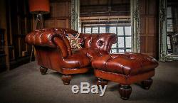 Tetrad Oskar Antique Chestnut Tan Brown Leather Chesterfield Club Chair & Stool