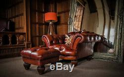 Tetrad Oskar Antique Chestnut Tan Brown Leather Chesterfield Club Chair & Stool