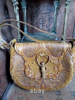 Tooled Leather Bag Vintage Over Arm 70s Boho Hippie Unusual Quirky Hand Crafted