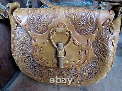 Tooled Leather Bag Vintage Over Arm 70s Boho Hippie Unusual Quirky Hand Crafted