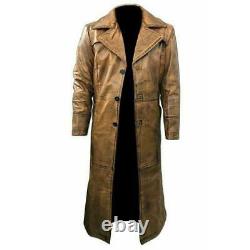 Trench Coat Men's Genuine Leather Long Jacket Vintage Distressed Tan Color Coat