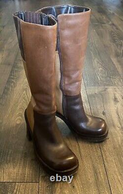 Two Lips Leather Boots Tan Brown Patchwork Square Toe Vintage 90s Size 5.5