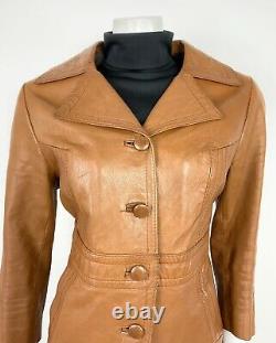 VINTAGE 60s 70s TAN BROWN LEATHER OVERSIZED COLLAR MOD COAT 10 12