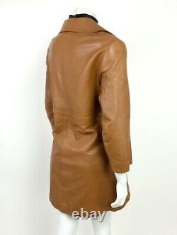 VINTAGE 60s 70s TAN BROWN LEATHER OVERSIZED COLLAR MOD COAT 10 12