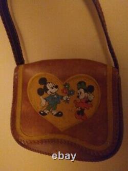 VINTAGE Disney Mickey & Minnie Mouse Embroidered Heart Leather Western Bag Tan