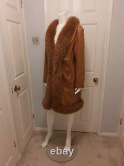 VINTAGE Penny Lane real tan leather coat shearling trim 10 12 70s boho hippie