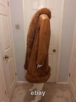 VINTAGE Penny Lane real tan leather coat shearling trim 10 12 70s boho hippie