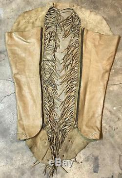 VINTAGE TAN LEATHER HORSE RODEO WESTERN FRINGED CHAPS With 6 STERLING 925 CONCHOS