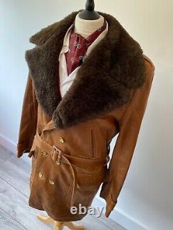 VTG mens 1970's indie/mod SOFT TAN LEATHER DOUBLE BREASTED PEA COAT with belt 40