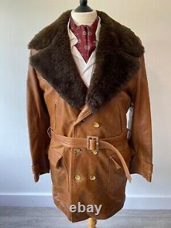 VTG mens 1970's indie/mod SOFT TAN LEATHER DOUBLE BREASTED PEA COAT with belt 40
