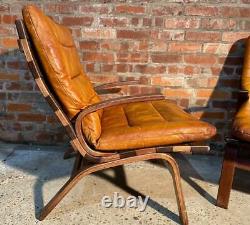 Vintage 1970 Danish Pair of Bentwood Chairs Tan Leather Hand Dyed