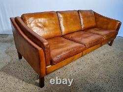 Vintage 1970 Danish Tan Hand Dyed Leather Three Seater Sofa