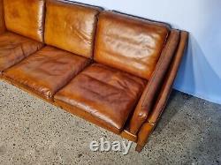 Vintage 1970 Danish Tan Hand Dyed Leather Three Seater Sofa