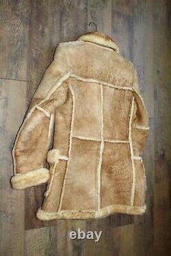 Vintage 1970's Mens Shearling sheepskin tan Leather Coat Size S/M jacket warm