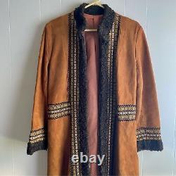 Vintage 1970s Long Tan Suede Leather Coat Shearling & Embroidery