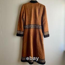 Vintage 1970s Long Tan Suede Leather Coat Shearling & Embroidery