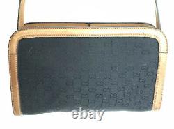 Vintage 1980s Gucci Bag Black Logo Fabric Tan Leather Trim And Strap Rare