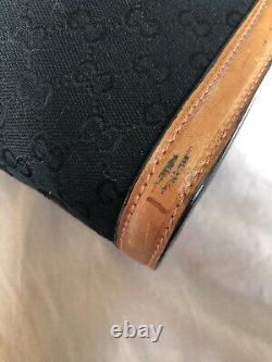 Vintage 1980s Gucci Bag Black Logo Fabric Tan Leather Trim And Strap Rare
