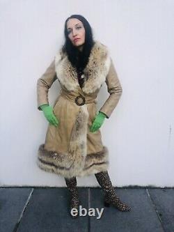 Vintage 60s 70s Leather Fur Trimmed Coat S M Afghan Penny Lane Glamour Disco Tan